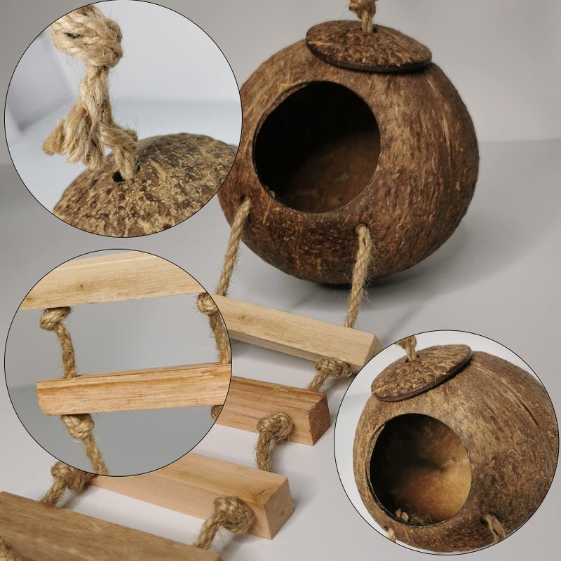 Hamiledyi Hanging Bird House with Ladder Natural Coconut Fiber Shell Bird Nest Breeding for Parrot Parakeet Lovebird Finch Canary Coconut Hide Bird Swing Toys for Hamster Bird Cage Accessories Pet Bird Supplies - Image 4
